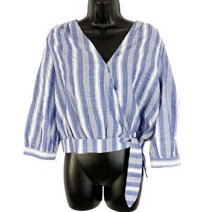Farrow Josa Wrap Side Tie‎ Striped V Neck Blouse Top Blue White Size Small